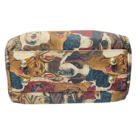 Vintage Canvas Dog Print Animal Tapestry Barrel Handbag Leather Handle Tote Bag - Picture 3 of 15